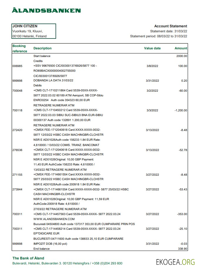 Relevé bancaire Finlande Aland